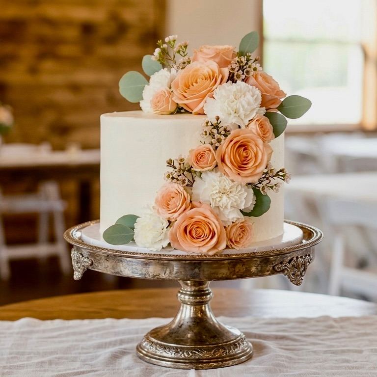 White cake with a cascade of peach and ivory roses
