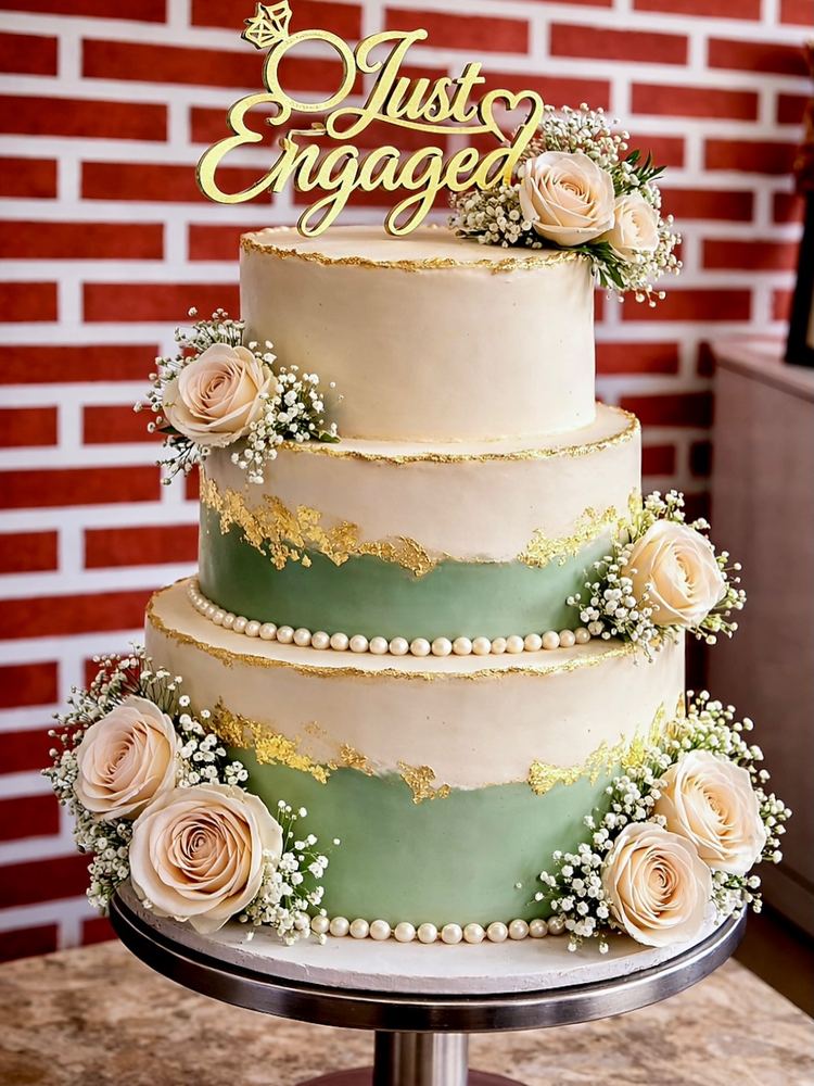 Three-tier ivory and sage engagement cake with a Just Engaged topper